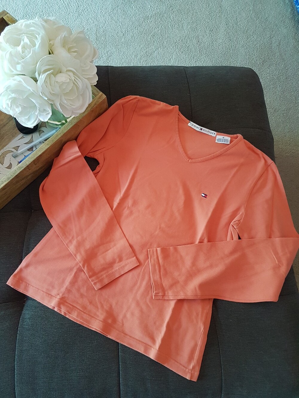 Tommy Hilfiger Coral Orange V-neck Long Sleeve Cotton T-shirt